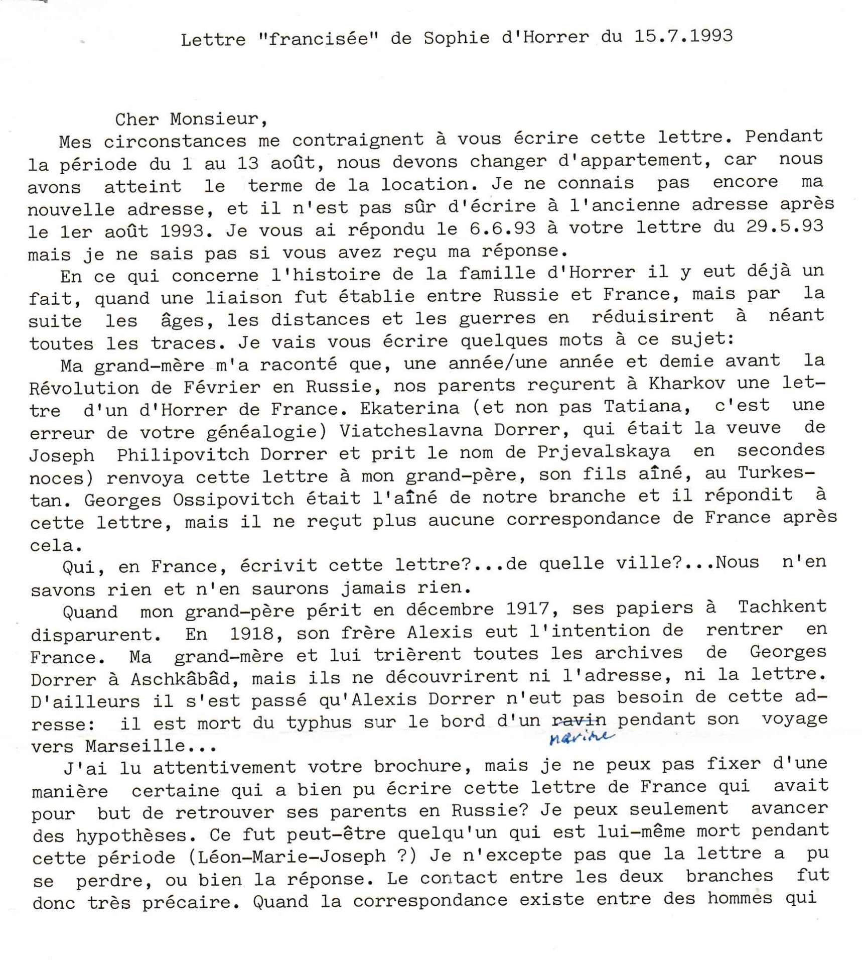 Lettre de Sophie d'Horrer